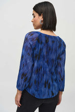 Load image into Gallery viewer, Joseph Ribkoff Royal Sapphire Multi Pleated Knit Abstract Print Flared Top
