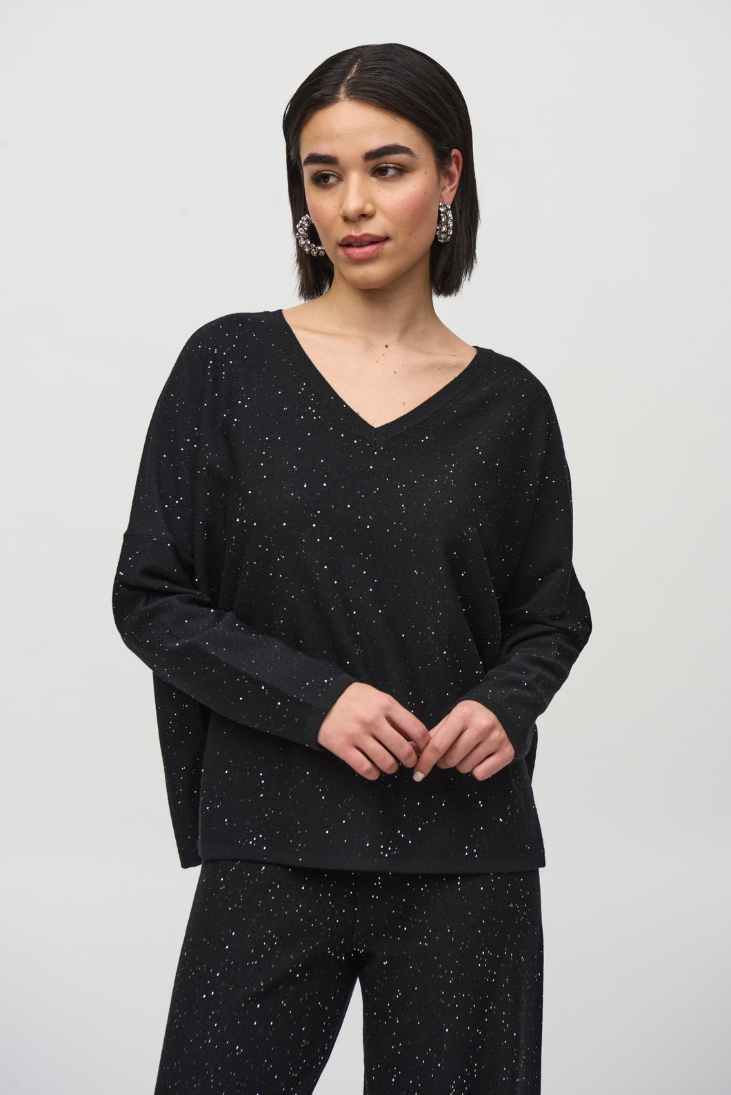 Joseph Ribkoff Black Sequined Sweater Knit Boxy Top