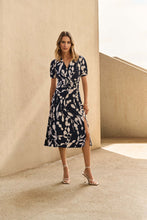 Load image into Gallery viewer, Joseph Ribkoff Midnight Blue Beige Silky Knit Abstract Print Wrap Dress
