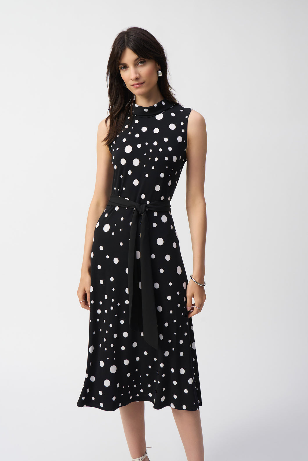 Joseph Ribkoff Parchment Black Vanilla Silky Knit Dot Print Sleeveless Fit And Flare Dress