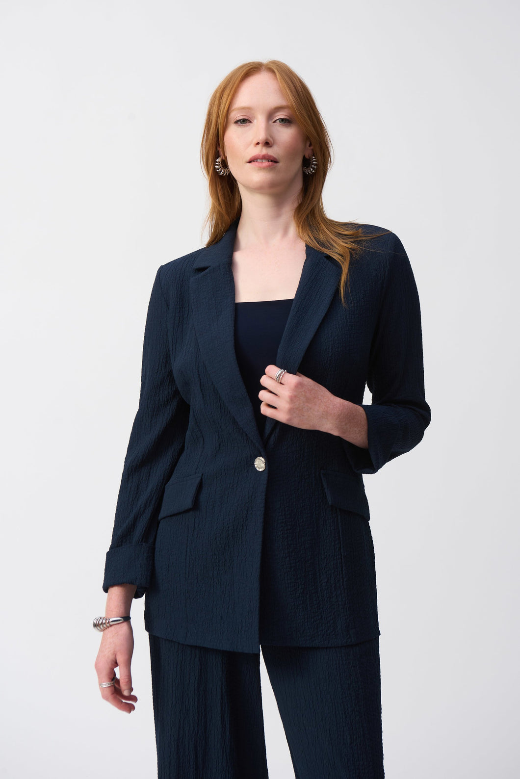 Joseph Ribkoff Midnight Blue Seersucker Straight Blazer