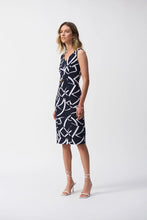 Load image into Gallery viewer, Joseph Ribkoff Midnight Blue &amp; Vanilla Geometric Print Silky Knit V-Neck Sleeveless Sheath Dress
