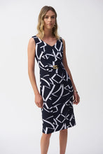 Load image into Gallery viewer, Joseph Ribkoff Midnight Blue &amp; Vanilla Geometric Print Silky Knit V-Neck Sleeveless Sheath Dress
