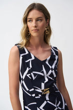 Load image into Gallery viewer, Joseph Ribkoff Midnight Blue &amp; Vanilla Geometric Print Silky Knit V-Neck Sleeveless Sheath Dress
