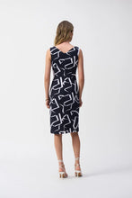 Load image into Gallery viewer, Joseph Ribkoff Midnight Blue &amp; Vanilla Geometric Print Silky Knit V-Neck Sleeveless Sheath Dress
