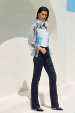 Load image into Gallery viewer, Joseph Ribkoff Blue Multi Novelty Leaf Print Front Button 3/4 Bell Sleeve Trapeze Jacket
