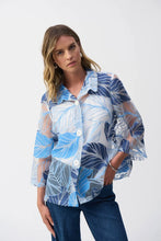 Load image into Gallery viewer, Joseph Ribkoff Blue Multi Novelty Leaf Print Front Button 3/4 Bell Sleeve Trapeze Jacket
