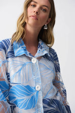 Load image into Gallery viewer, Joseph Ribkoff Blue Multi Novelty Leaf Print Front Button 3/4 Bell Sleeve Trapeze Jacket
