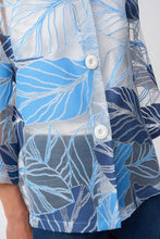 Load image into Gallery viewer, Joseph Ribkoff Blue Multi Novelty Leaf Print Front Button 3/4 Bell Sleeve Trapeze Jacket
