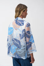 Load image into Gallery viewer, Joseph Ribkoff Blue Multi Novelty Leaf Print Front Button 3/4 Bell Sleeve Trapeze Jacket
