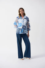 Load image into Gallery viewer, Joseph Ribkoff Blue Multi Novelty Leaf Print Front Button 3/4 Bell Sleeve Trapeze Jacket
