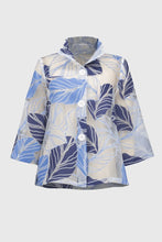 Load image into Gallery viewer, Joseph Ribkoff Blue Multi Novelty Leaf Print Front Button 3/4 Bell Sleeve Trapeze Jacket
