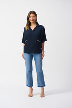 Load image into Gallery viewer, Joseph Ribkoff Seersucker Boxy High-Low V-Neck 3/4 Dolman Sleeve Top in Midnight Blue or Coastal Blue
