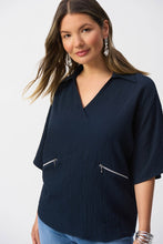 Load image into Gallery viewer, Joseph Ribkoff Seersucker Boxy High-Low V-Neck 3/4 Dolman Sleeve Top in Midnight Blue or Coastal Blue
