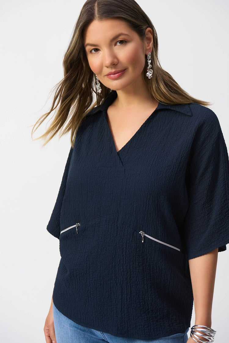 Joseph Ribkoff Seersucker Boxy High-Low V-Neck 3/4 Dolman Sleeve Top in Midnight Blue or Coastal Blue