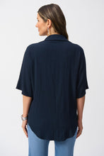 Load image into Gallery viewer, Joseph Ribkoff Seersucker Boxy High-Low V-Neck 3/4 Dolman Sleeve Top in Midnight Blue or Coastal Blue
