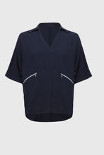 Load image into Gallery viewer, Joseph Ribkoff Seersucker Boxy High-Low V-Neck 3/4 Dolman Sleeve Top in Midnight Blue or Coastal Blue
