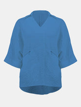 Load image into Gallery viewer, Joseph Ribkoff Seersucker Boxy High-Low V-Neck 3/4 Dolman Sleeve Top in Midnight Blue or Coastal Blue
