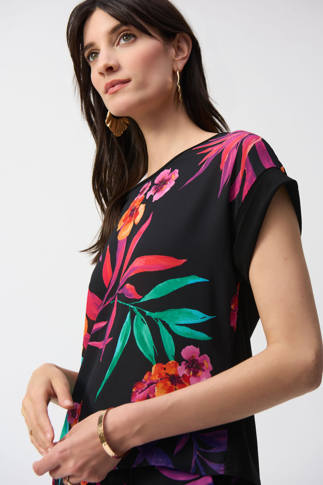 Joseph Ribkoff Black Multi Silky Knit and Georgette Tropical Boxy Top