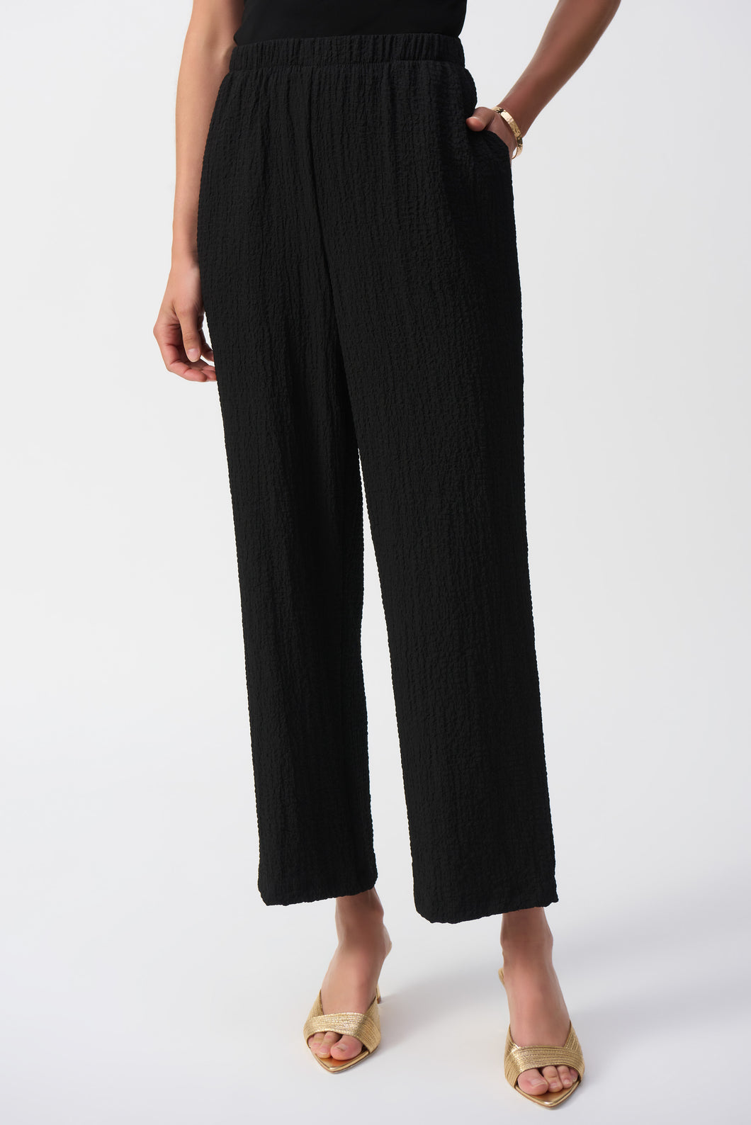 Joseph Ribkoff Black Seersucker Wide Leg Pull-On Pants