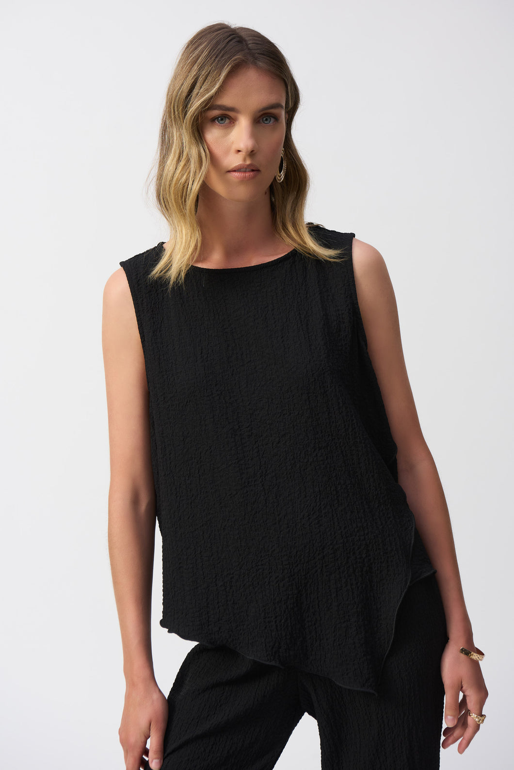 Joseph Ribkoff Black Seersucker Asymmetrical Sleeveless Top