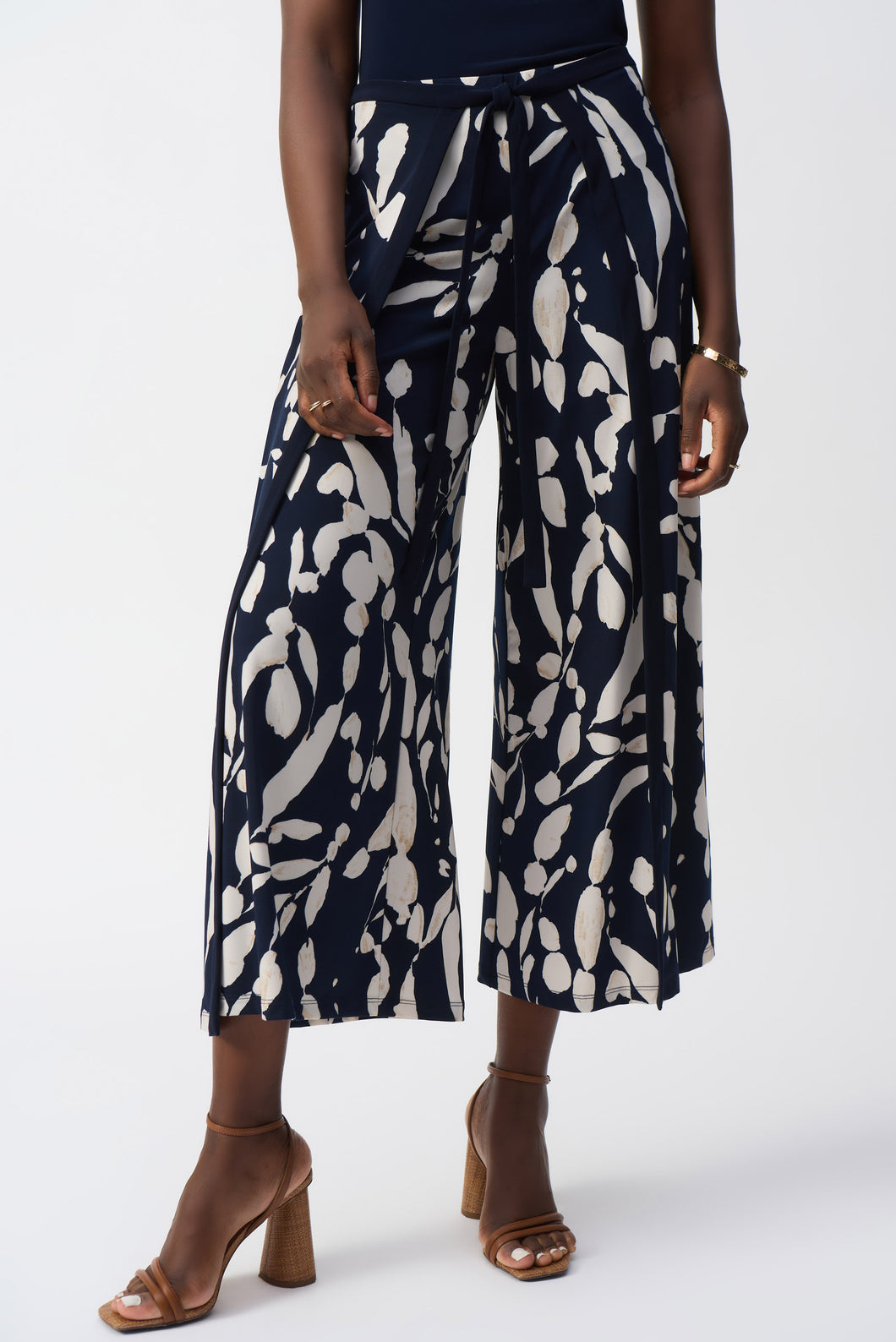 Joseph Ribkoff Midnight Blue Beige Silky Knit Abstract Print Wide Leg Pants