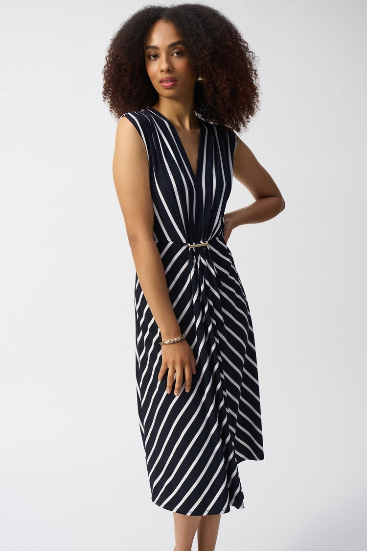 Joseph Ribkoff Silky Knit Midnight Blue & Vanilla Stripe Fit & Flare Dress