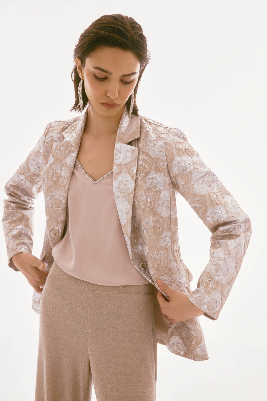 Joseph Ribkoff Beige Silver Signature Brocade Floral Print Blazer