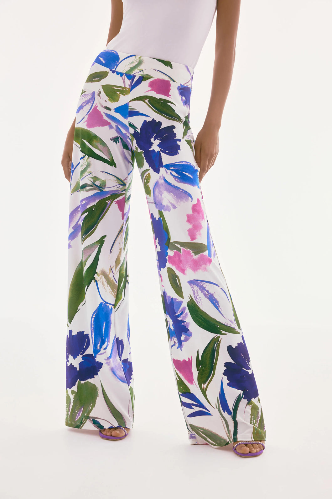 Joseph Ribkoff Off White & Multi Silky Knit Floral Wide Leg Pants