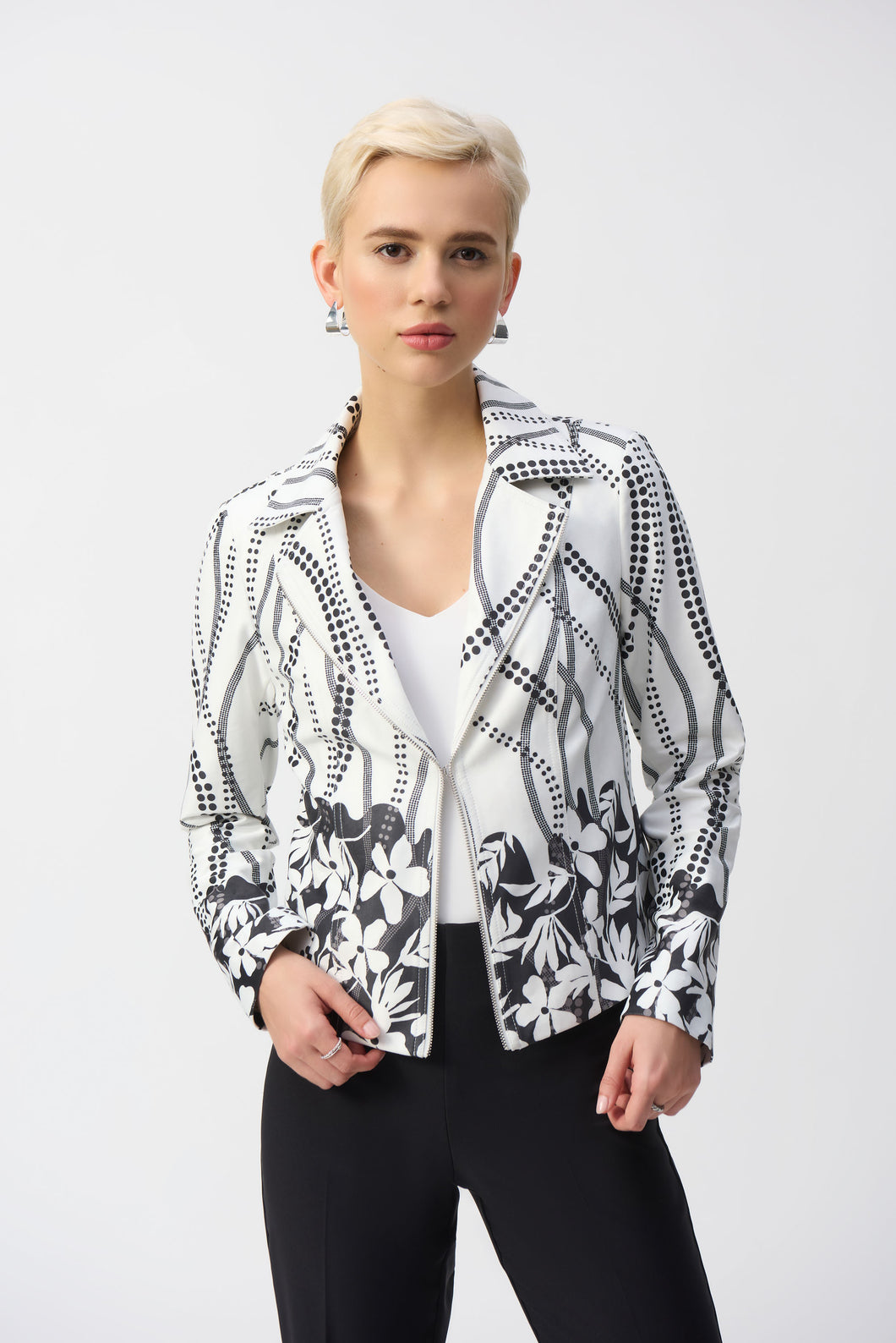 Joseph Ribkoff Vanilla and Black Faux Suede Floral Print Jacket