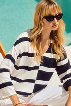 Load image into Gallery viewer, Joseph Ribkoff Midnight Blue &amp; Vanilla 3/4 Sleeve Striped V-Neck Tunic with Uneven Front Hem
