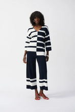 Load image into Gallery viewer, Joseph Ribkoff Midnight Blue &amp; Vanilla 3/4 Sleeve Striped V-Neck Tunic with Uneven Front Hem
