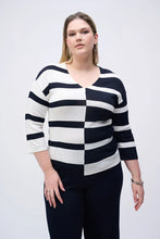 Load image into Gallery viewer, Joseph Ribkoff Midnight Blue &amp; Vanilla 3/4 Sleeve Striped V-Neck Tunic with Uneven Front Hem
