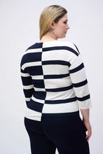 Load image into Gallery viewer, Joseph Ribkoff Midnight Blue &amp; Vanilla 3/4 Sleeve Striped V-Neck Tunic with Uneven Front Hem
