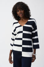 Load image into Gallery viewer, Joseph Ribkoff Midnight Blue &amp; Vanilla 3/4 Sleeve Striped V-Neck Tunic with Uneven Front Hem
