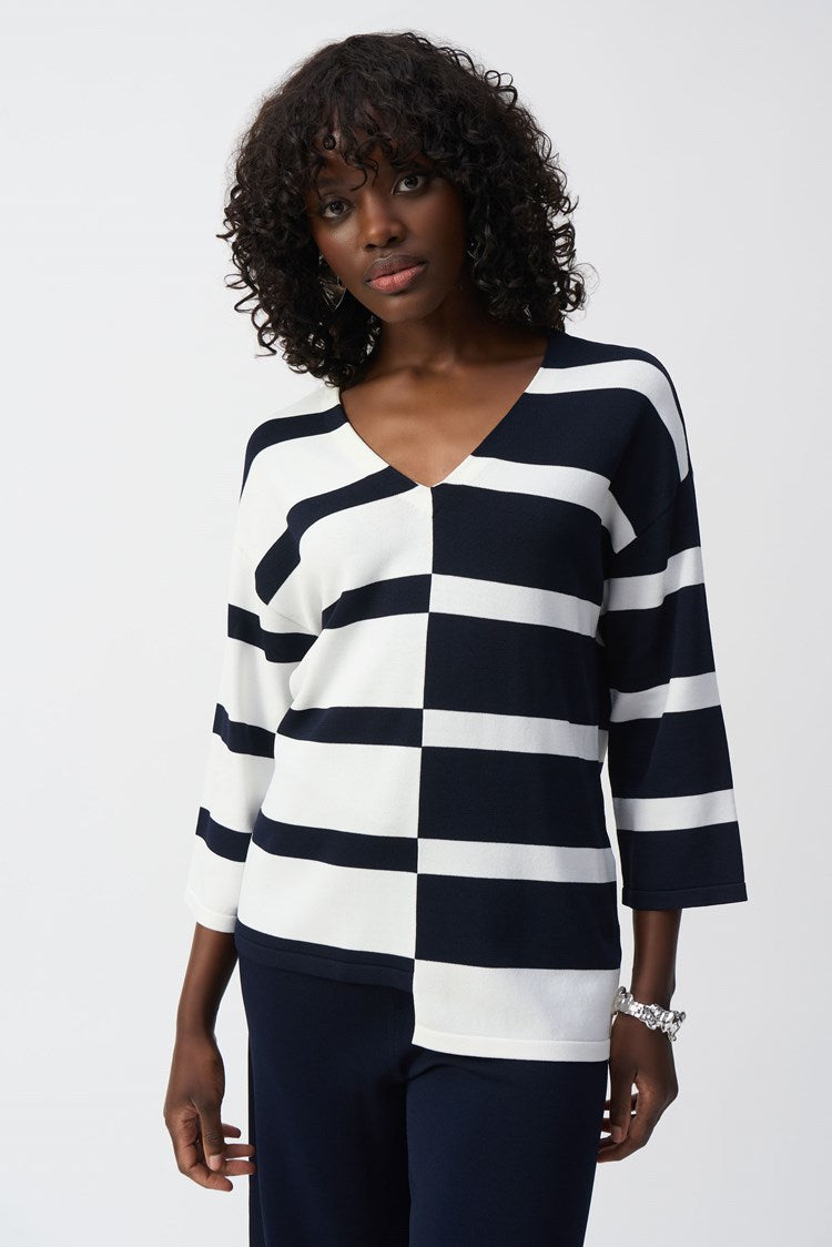 Joseph Ribkoff Midnight Blue & Vanilla 3/4 Sleeve Striped V-Neck Tunic with Uneven Front Hem