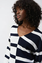 Load image into Gallery viewer, Joseph Ribkoff Midnight Blue &amp; Vanilla 3/4 Sleeve Striped V-Neck Tunic with Uneven Front Hem
