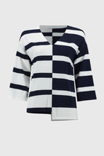 Load image into Gallery viewer, Joseph Ribkoff Midnight Blue &amp; Vanilla 3/4 Sleeve Striped V-Neck Tunic with Uneven Front Hem
