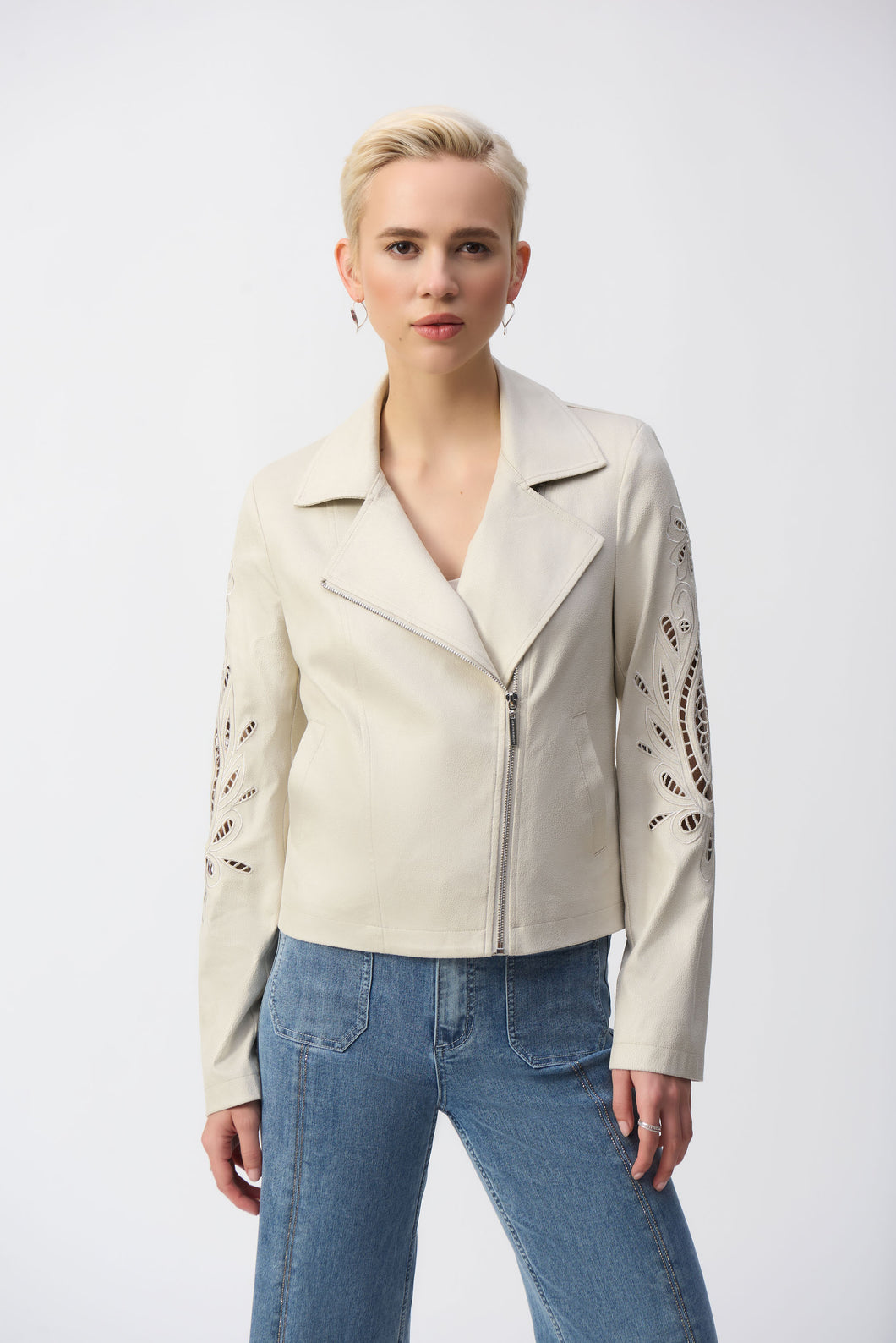 Joseph Ribkoff Foiled Faux-Suede Moto Jacket in Coastal Blue  or Moonstone