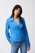 Load image into Gallery viewer, Joseph Ribkoff Coastal Blue Foiled Faux-Suede Moto Jacket
