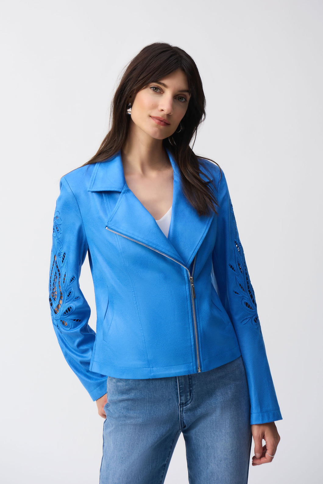 Joseph Ribkoff Foiled Faux-Suede Moto Jacket in Coastal Blue  or Moonstone