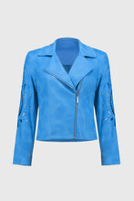 Load image into Gallery viewer, Joseph Ribkoff Foiled Faux-Suede Moto Jacket in Coastal Blue  or Moonstone
