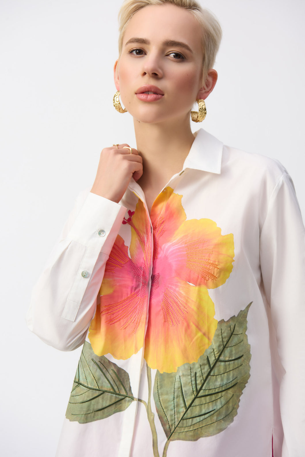 Joseph Ribkoff Vanilla Multi Embroidered Flower Cotton Shirt