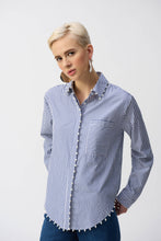 Load image into Gallery viewer, Joseph Ribkoff Striped Stretch Cotton Button Down Shirt with Pearl Trim Detail
