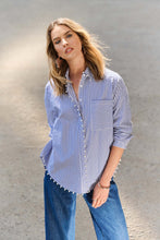 Load image into Gallery viewer, Joseph Ribkoff Striped Stretch Cotton Button Down Shirt with Pearl Trim Detail
