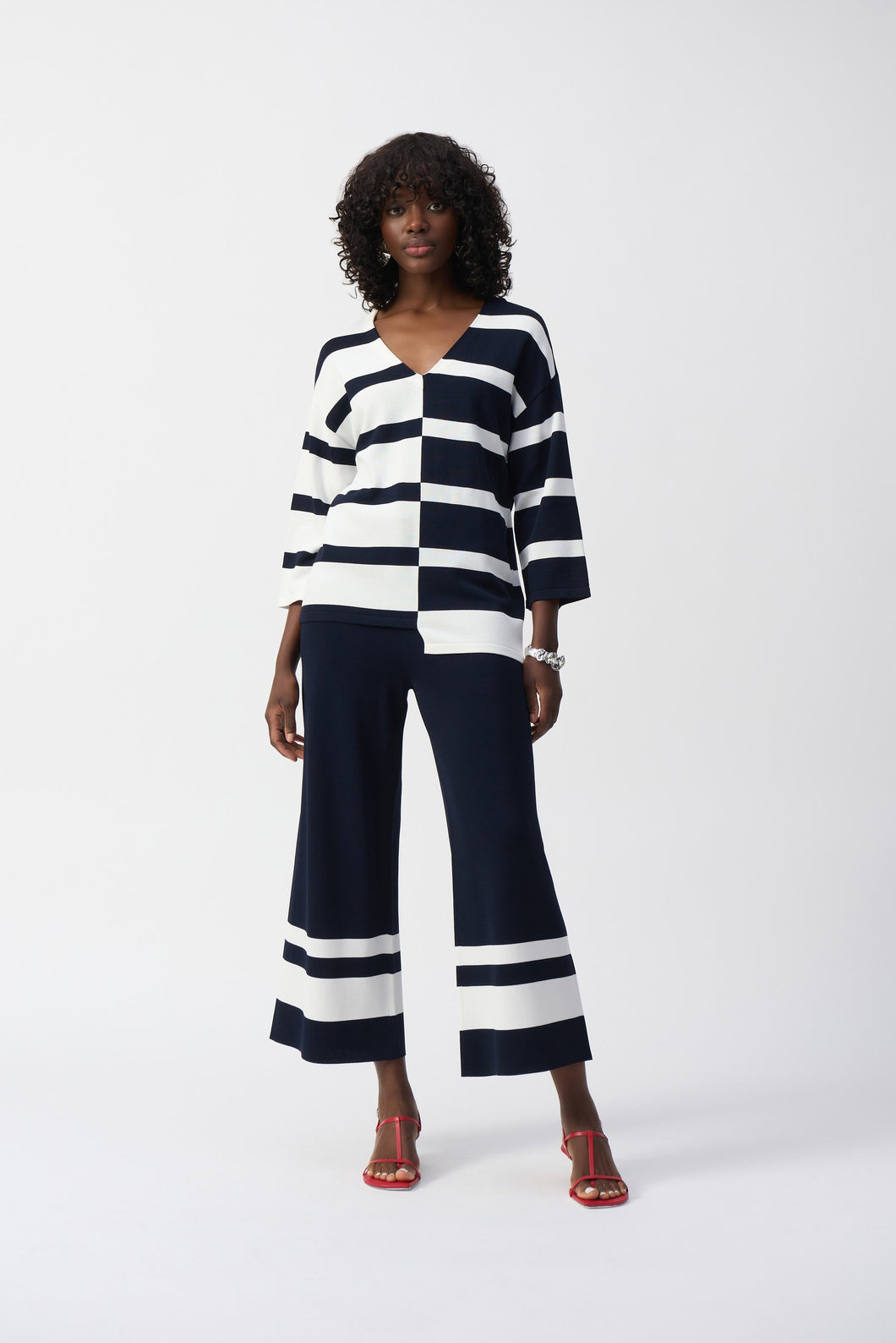 Joseph Ribkoff Midnight Blue/Vanilla Placement Stripe Sweater Knit Culotte