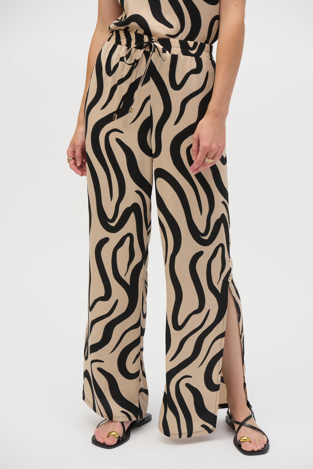 Joseph Ribkoff Beige Black Gauze Abstract Print Wide Leg Pants