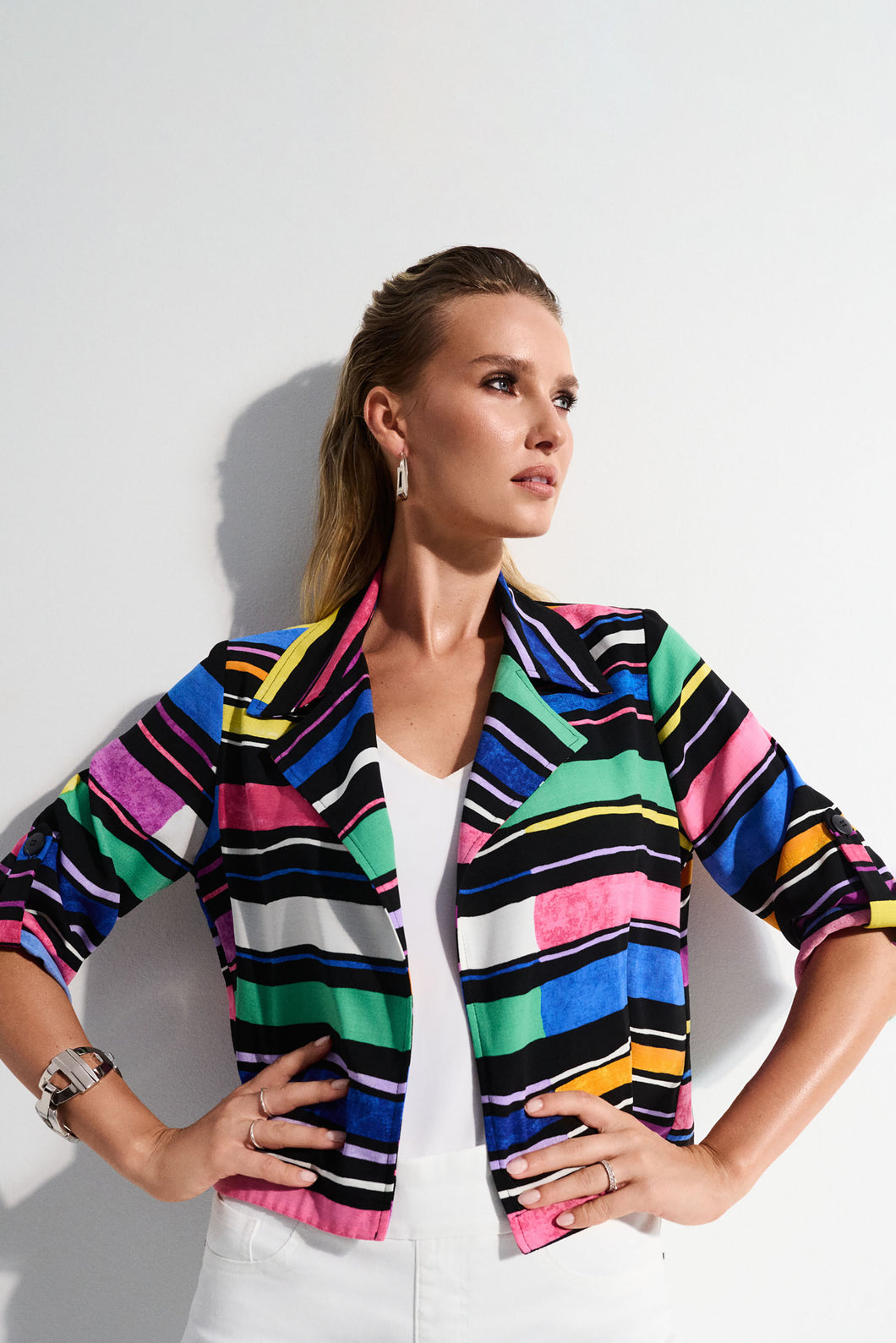 Joseph Ribkoff Black Multi Gauze Stripe Print Short Boxy Blazer