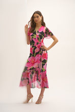 Load image into Gallery viewer, Joseph Ribkoff Black Multi Signature Silky Knit and Chiffon Floral Print Wrap Dress
