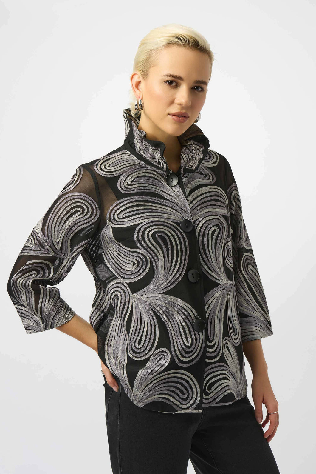 Joseph Ribkoff Embroidered Mesh Straight Jacket
